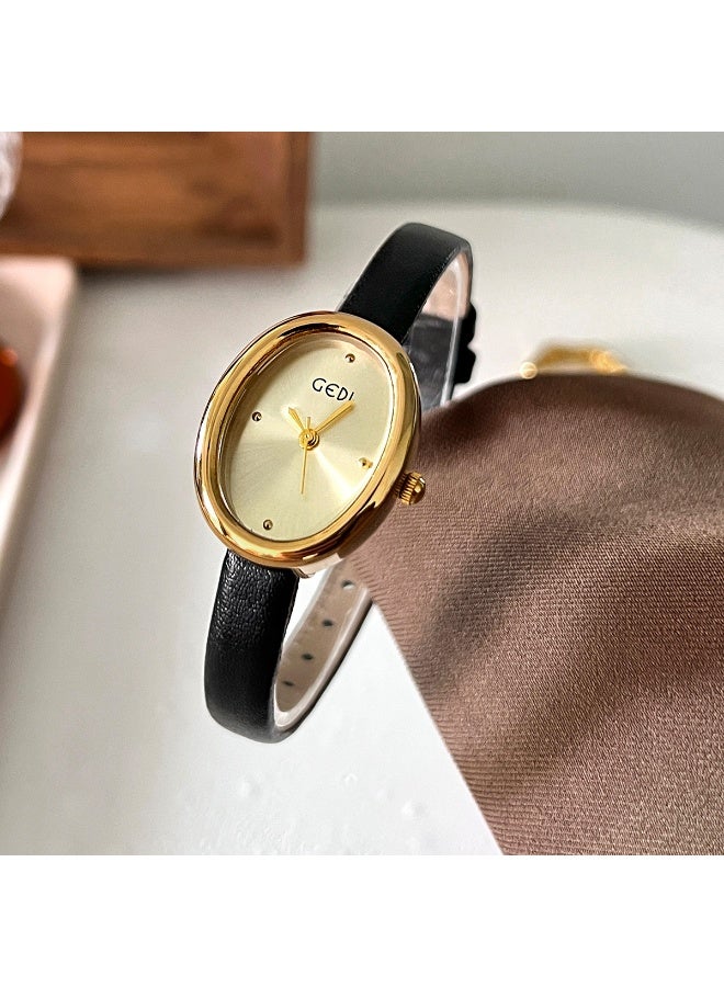 GEDI Retro Oval Gold-Tone Watch for Women, Minimalist Luxury Quartz Watch with Black Leather Strap, Niche and Exquisite Wristwatch