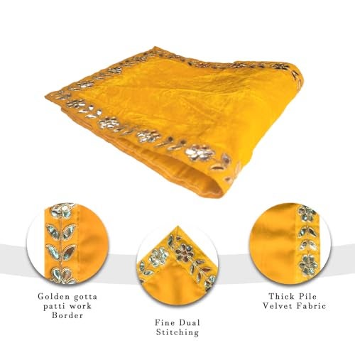 Dulhan DLC 13 x 27 inch Designer Long Yellow Velvet Cloth for puja mandir Table, Pooja Asan for God Idol Altar Cloth for Diwali navratra ganpati Festival Pack of 2 pc bhagwan aasan for Home Temple - Image 4
