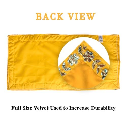 Dulhan DLC 13 x 27 inch Designer Long Yellow Velvet Cloth for puja mandir Table, Pooja Asan for God Idol Altar Cloth for Diwali navratra ganpati Festival Pack of 2 pc bhagwan aasan for Home Temple - Image 3