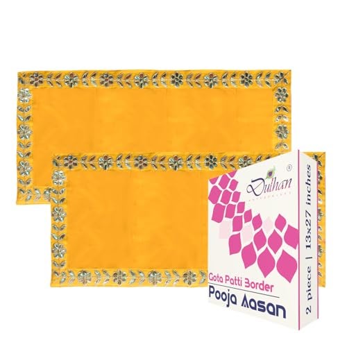 Dulhan DLC 13 x 27 inch Designer Long Yellow Velvet Cloth for puja mandir Table, Pooja Asan for God Idol Altar Cloth for Diwali navratra ganpati Festival Pack of 2 pc bhagwan aasan for Home Temple - Image 1