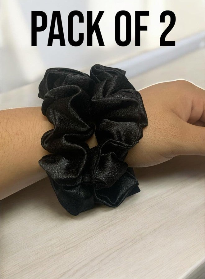 INARA (Pack of 2) Satin Hair Tie Ponytail Band Ruffle Premium Scrunchy Hairband Rubber Scrunchies For Women And Girls - Black - Image 5