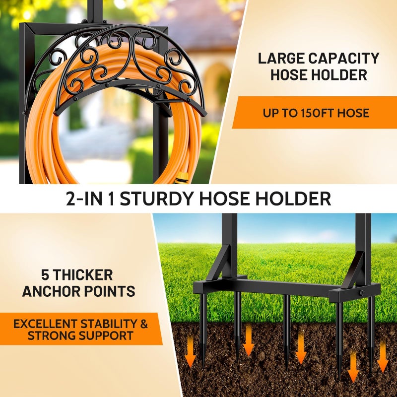 Jvgoo Garden Hose Holder for Outside - Upgraded Water Hose Holders with 5 Spikes & 2 Shepherds Hooks, Freestanding Hose Stand Heavy Duty Hose Hanger Hose Storage Hose Reel Rack for Outside Yard Lawn - Image 3