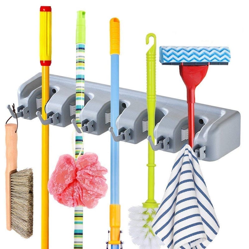 RD MALL Mop and Broom Holder Multipurpose Wall Mounted Holder with 5 Slot Position and 6 Hooks Holder Storage Organizer Gray 44L x 65W x 7H cm - Image 1