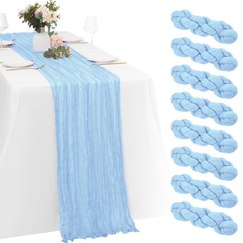 Yorcari 8 Pack Baby Blue Cheesecloth Table Runners 20x120 Inch Gauze Table Runner 10FT Easter Cheese Cloth Table Runner Rustic Sheer Runner for Wedding Baby Shower Birthday Party Table Decor - Image 1
