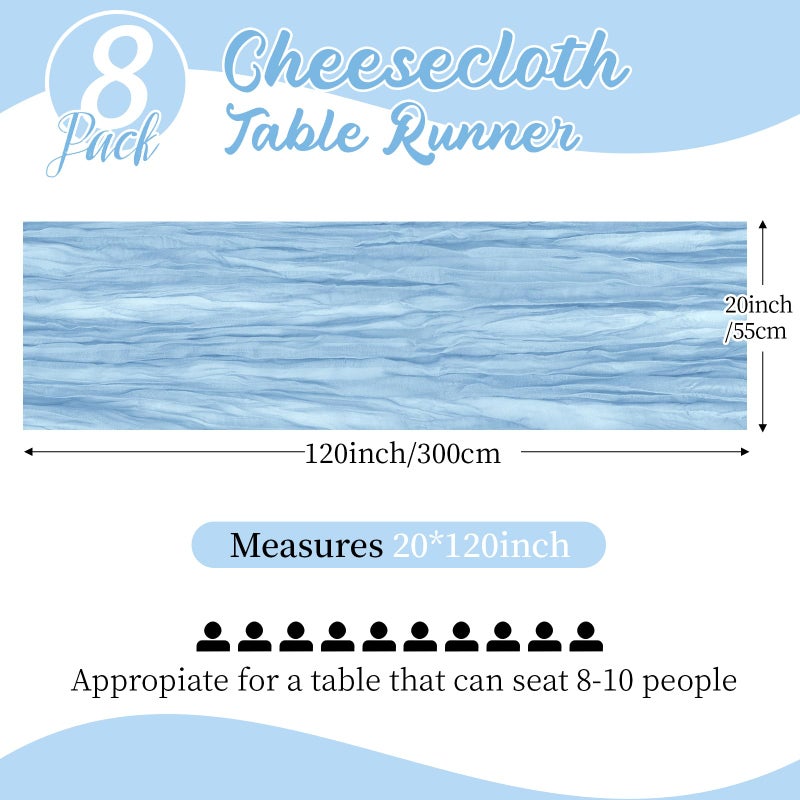 Yorcari 8 Pack Baby Blue Cheesecloth Table Runners 20x120 Inch Gauze Table Runner 10FT Easter Cheese Cloth Table Runner Rustic Sheer Runner for Wedding Baby Shower Birthday Party Table Decor - Image 2