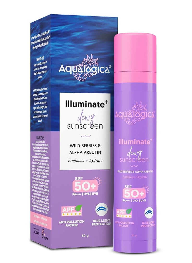 Aqualogica Aqualogica lluminate+ Dewy All Skin Type Sunscreen Spf 50+ Pa++++ With Wild BerriesΑ Arbutin - 50 G Protection Against Uva/B&Blue Light Protection Fragrance-Free For Luminous&Sun Protected Skin  - Image 1