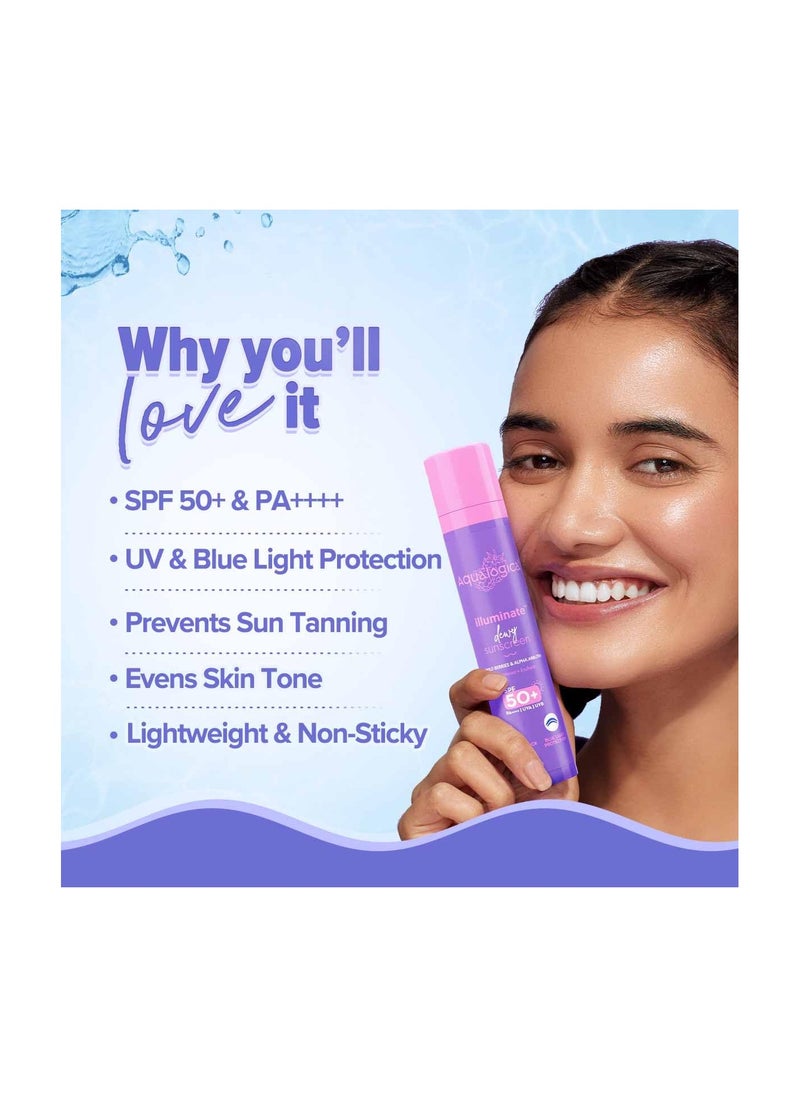 Aqualogica Aqualogica lluminate+ Dewy All Skin Type Sunscreen Spf 50+ Pa++++ With Wild BerriesΑ Arbutin - 50 G Protection Against Uva/B&Blue Light Protection Fragrance-Free For Luminous&Sun Protected Skin  - Image 2
