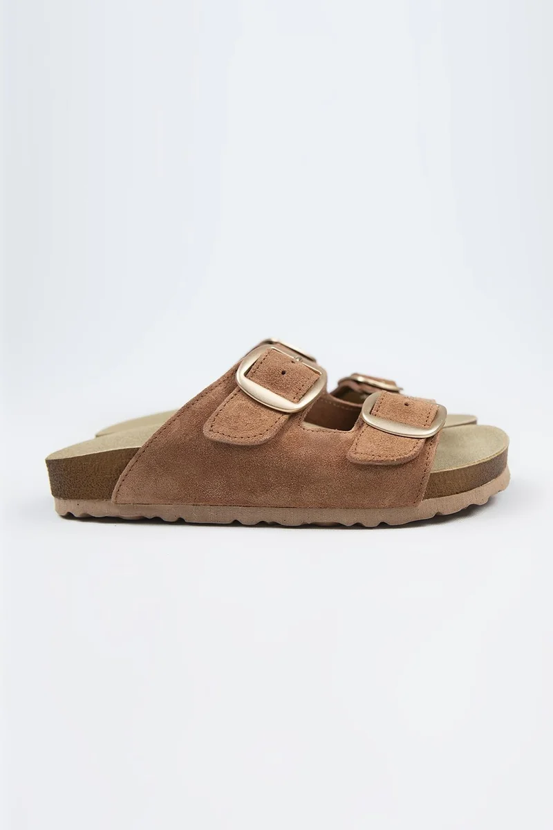 Manijero Manijero Irene Genuine Leather Double Buckle Tan Slippers