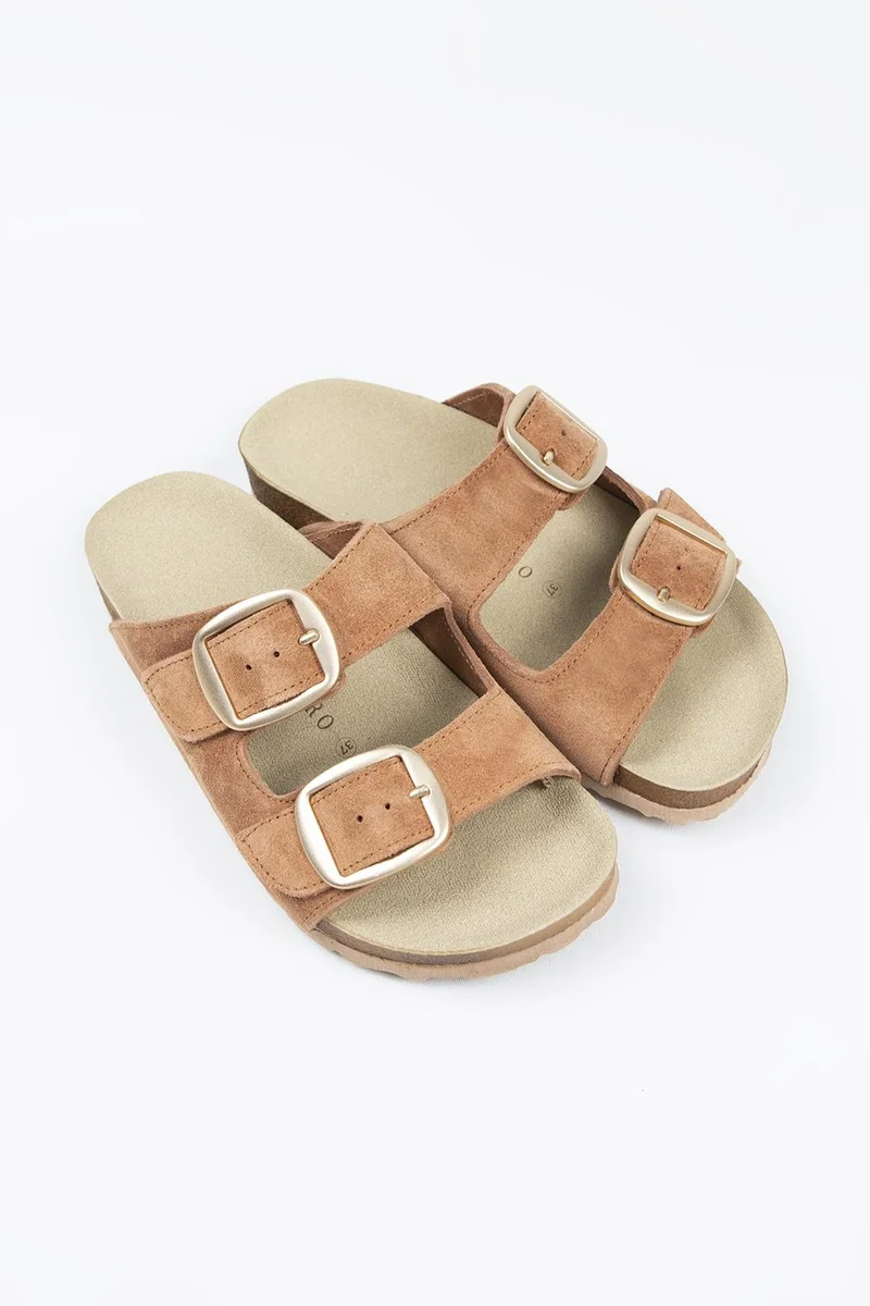 Manijero Manijero Irene Genuine Leather Double Buckle Tan Slippers