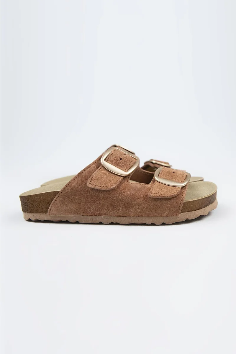 Manijero Manijero Irene Genuine Leather Double Buckle Tan Slippers