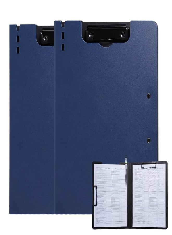 FRETONBA Clipboard Folder, 2 Pcs A4 Foldable Clipboard with Horizontal and Vertical Double Metal Clips, 360 Degree Foldable Binder Clipboards with Pen Holder, File Cover Work Folder Clipboards, Blue - Image 1