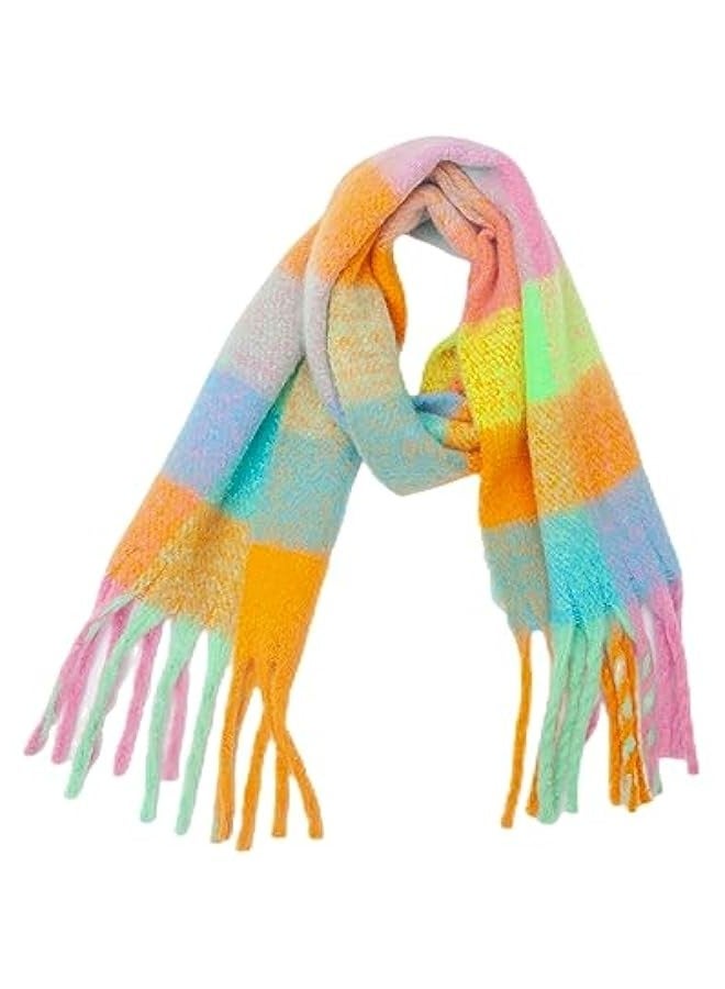 European and American fashion women's scarf winter imitation cashmere circle yarn thick warm shawl rainbow plaid splicing tassel - Image 1