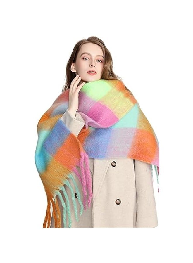 European and American fashion women's scarf winter imitation cashmere circle yarn thick warm shawl rainbow plaid splicing tassel - Image 2