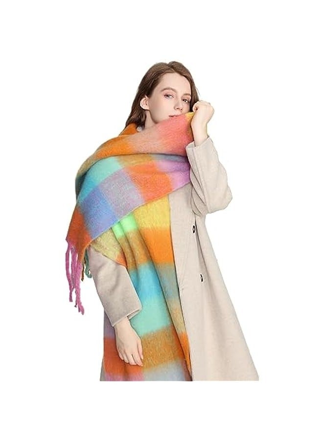 European and American fashion women's scarf winter imitation cashmere circle yarn thick warm shawl rainbow plaid splicing tassel - Image 3