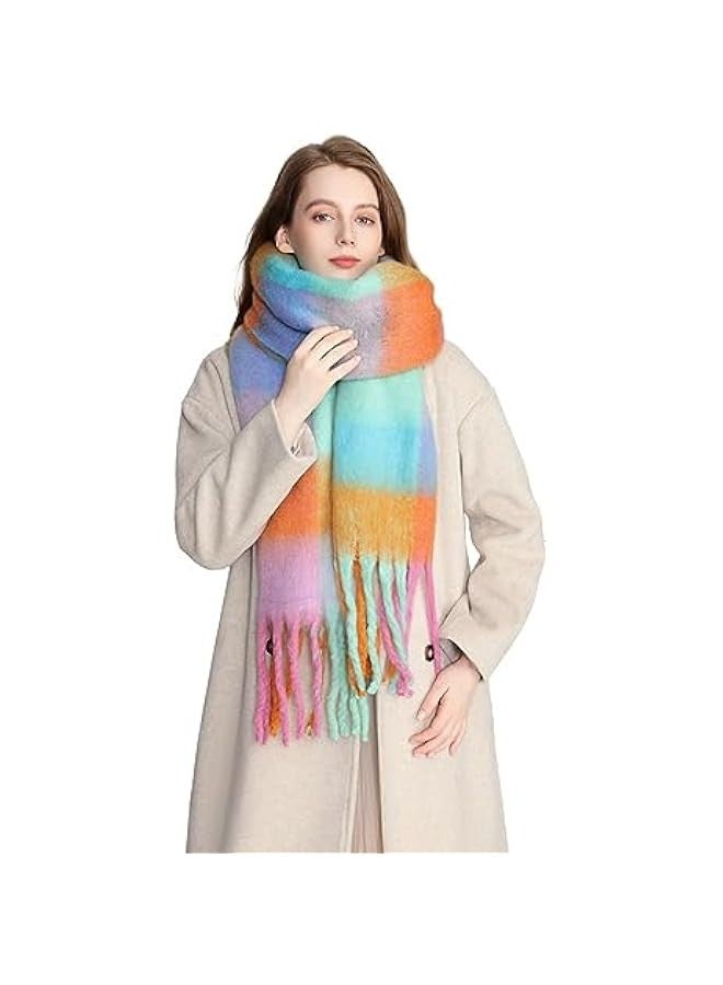 European and American fashion women's scarf winter imitation cashmere circle yarn thick warm shawl rainbow plaid splicing tassel - Image 4