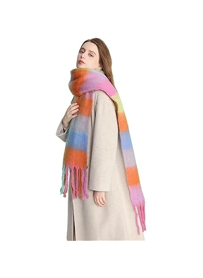 European and American fashion women's scarf winter imitation cashmere circle yarn thick warm shawl rainbow plaid splicing tassel - Image 5