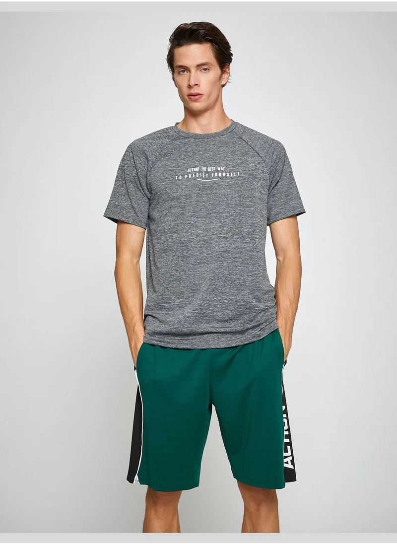 كوتون Basic Sport T-Shirt Mealy Slogan Printed Crew Neck