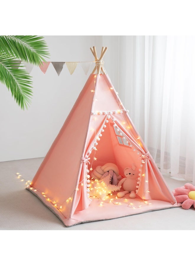 XICEN Teepee Tent for Kids with Mat, Star Lights, Storage Bag,  Cotton Canvas Playhouse,  Foldable Tents, Portable Children Play Tent Indoor Outdoor, 120*120*160cm  - Image 1