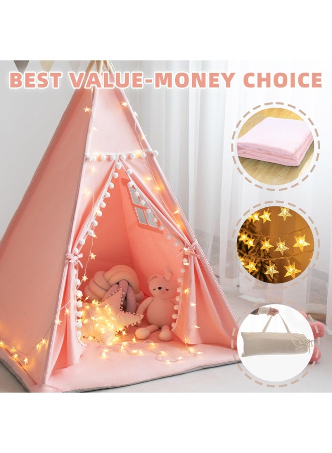 XICEN Teepee Tent for Kids with Mat, Star Lights, Storage Bag,  Cotton Canvas Playhouse,  Foldable Tents, Portable Children Play Tent Indoor Outdoor, 120*120*160cm  - Image 2
