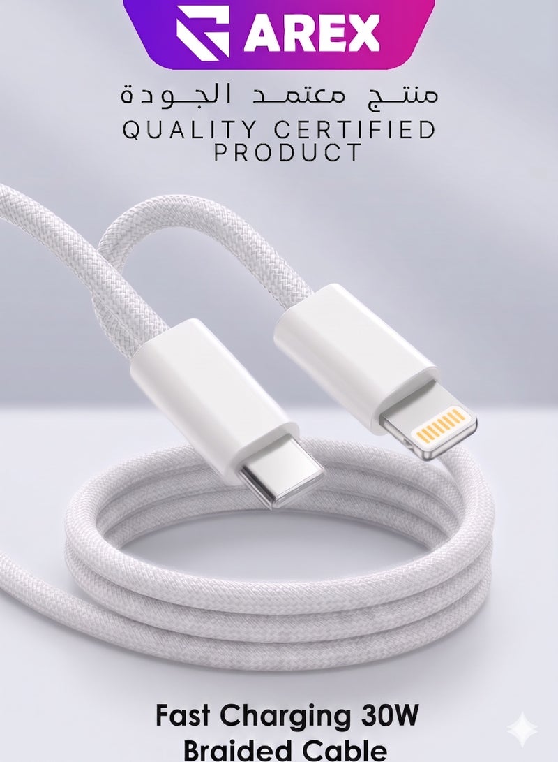 AREX USB type C To Lightning Fabric Braided 30W Fast Charging Cable 1M For iPhone 14/13/12/11 Pro and Pro Max - White - Image 1