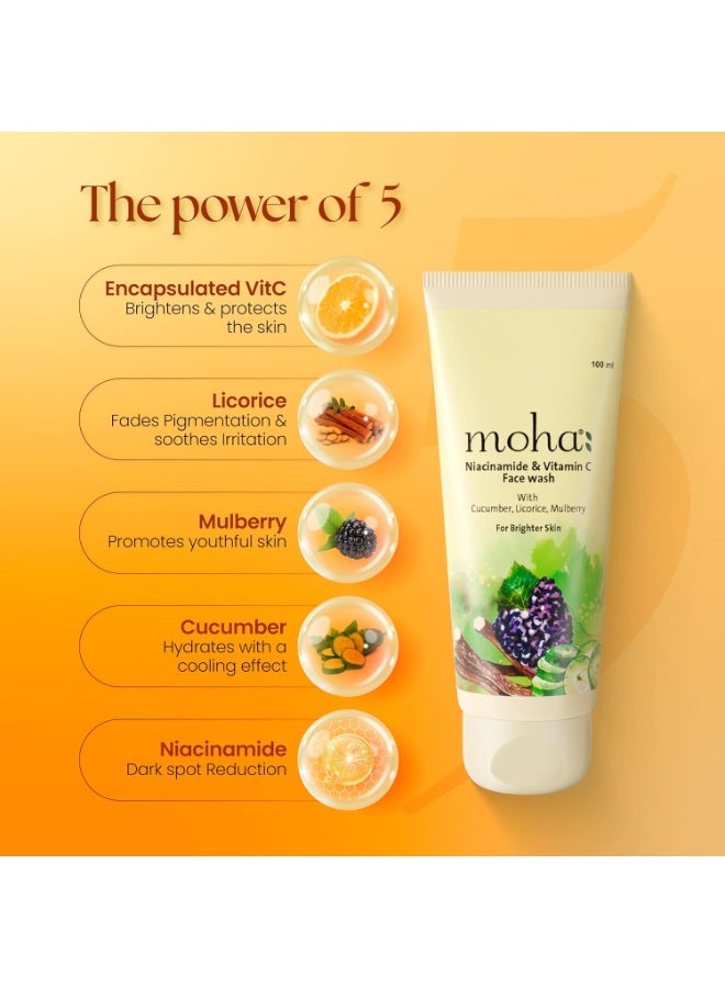 MOHA Niacinamide & Vitamin C Brightening Face Wash | Hydrating Cucumber & Dark Spot Reducing Licorice | Glowing Skin | Unisex | 100 Ml - Image 2