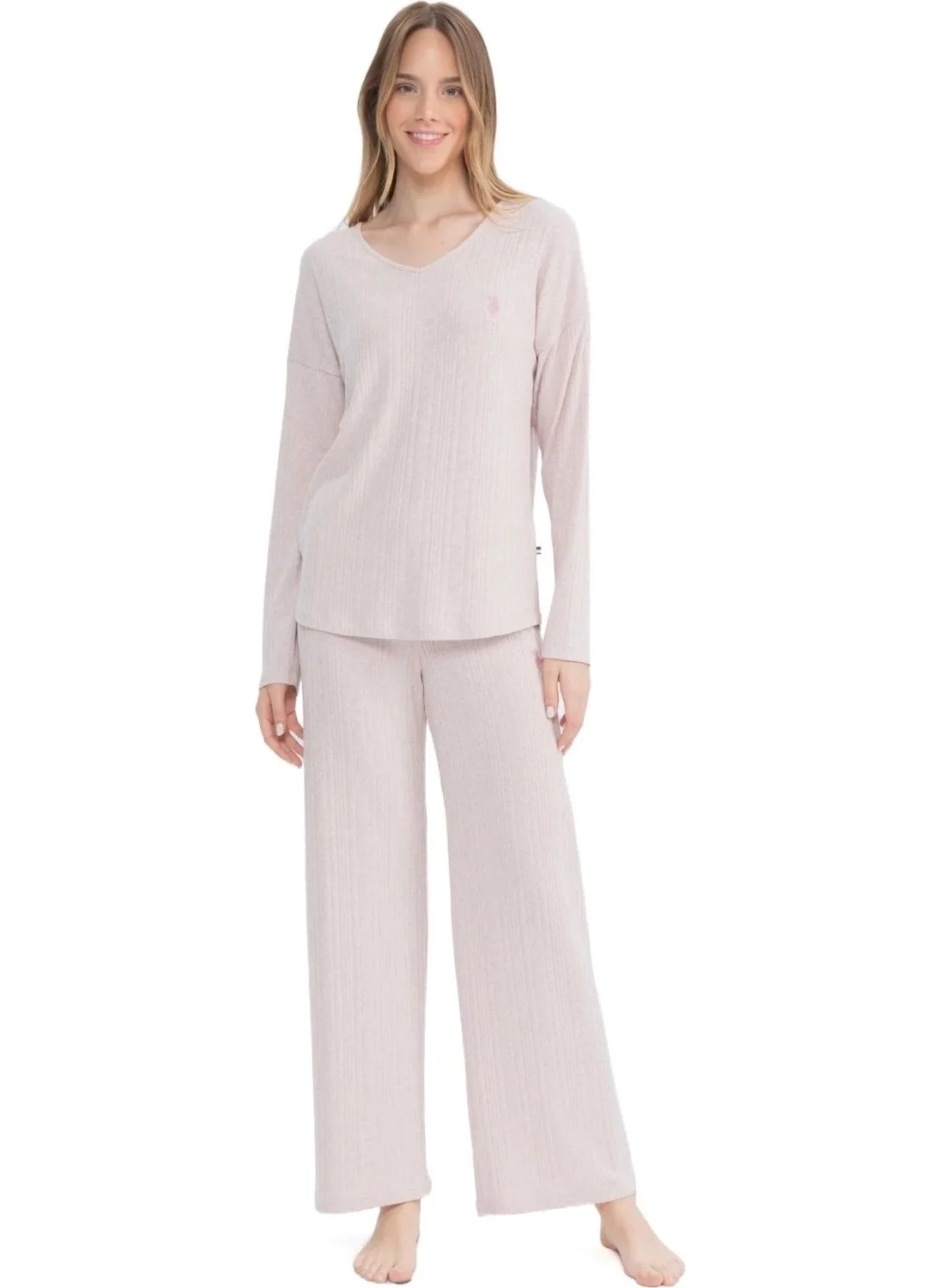 U.S. Polo Assn. 17090 Women's Pink Long Sleeve V Neck Pajama Set