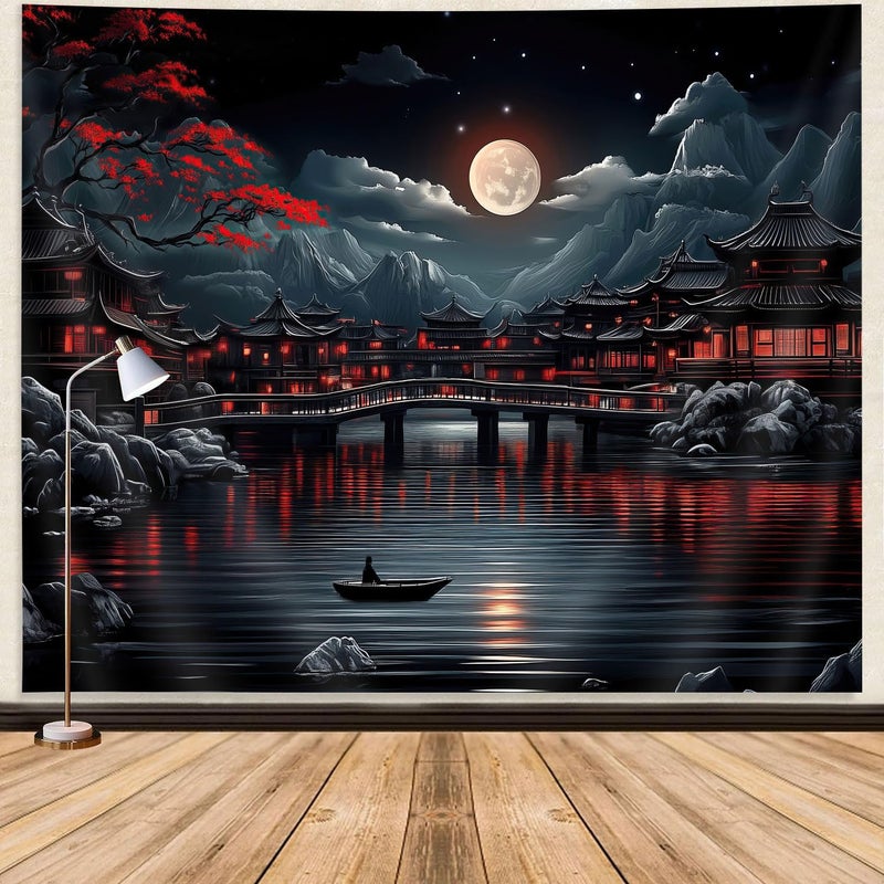 GOAOK Japanese Anime Tapestry, Cool Red and Black Dark Nature Mountain Riverside Full Moon Landscape Aesthetic Tapestry for Men, Asia Japanese Art Tapestries for Bedroom Living Room College, 60"X40" - Image 1