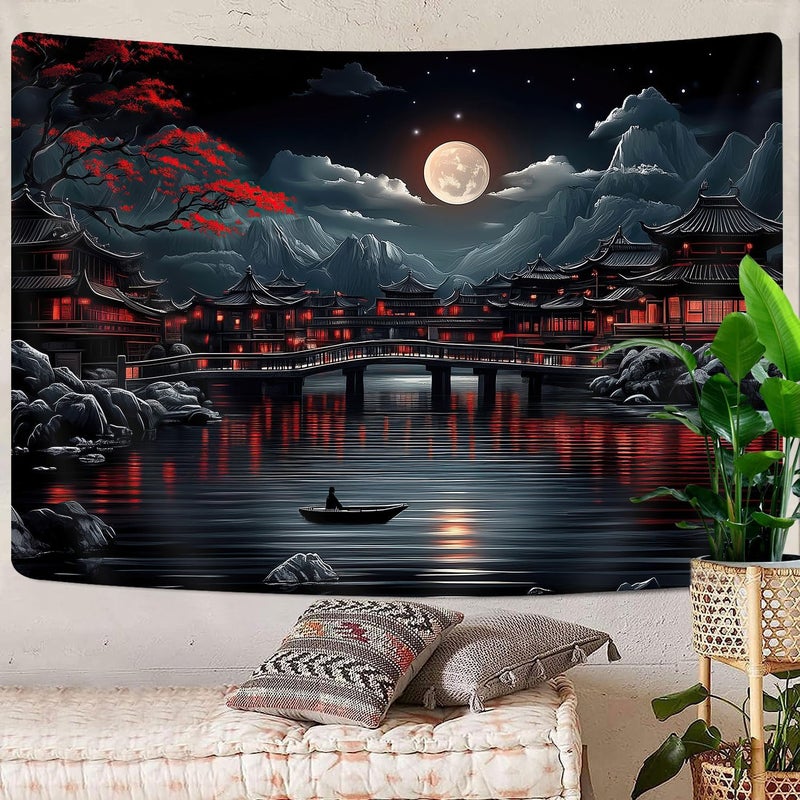 GOAOK Japanese Anime Tapestry, Cool Red and Black Dark Nature Mountain Riverside Full Moon Landscape Aesthetic Tapestry for Men, Asia Japanese Art Tapestries for Bedroom Living Room College, 60"X40" - Image 5