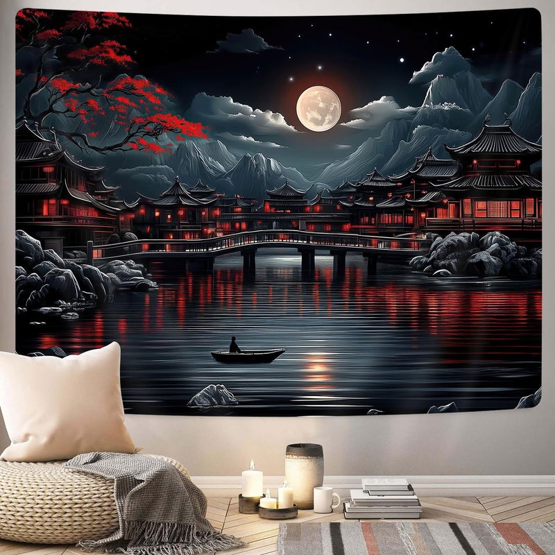 GOAOK Japanese Anime Tapestry, Cool Red and Black Dark Nature Mountain Riverside Full Moon Landscape Aesthetic Tapestry for Men, Asia Japanese Art Tapestries for Bedroom Living Room College, 60"X40" - Image 3