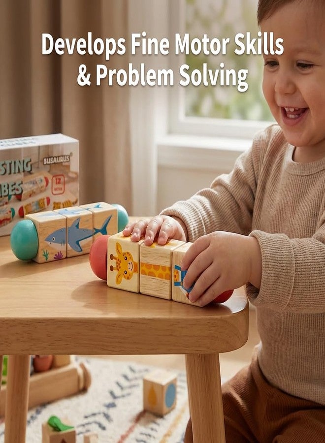 Busaurus Wooden Rotating Puzzle Toys for Toddlers 1-2 (Set of 2) - Montessori Travel Toys for Airplane & Car Activities - Spinning Animal Matching Blocks - Sensory Fidget Gift for Boys Girls 12-24 Months - Image 5