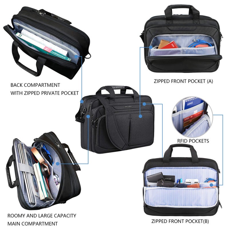 KROSER Laptop Bag Expandable Lightweight Briefcase for 17.3" Laptop Premium Business Work Bag Water-Repellent Messenger Bag with RFID Pockets for Travel/Women/Men-Black - Image 5