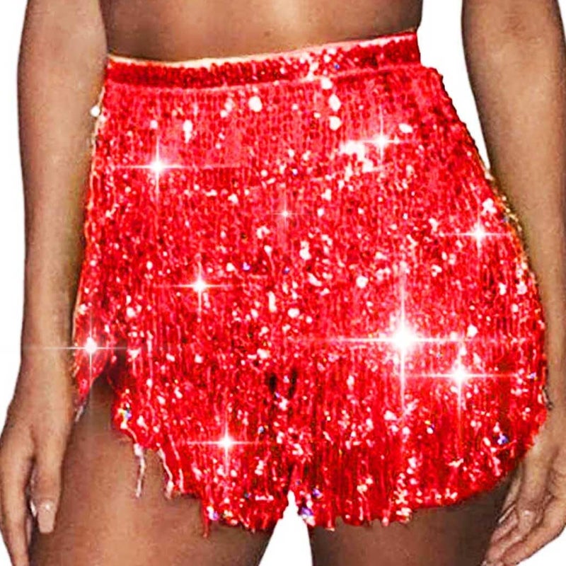 REETAN Fringe Sequin Skirt Belly Dance Sparkly Rave Skirts for Women - Image 1