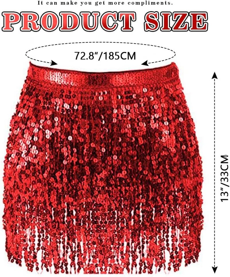 REETAN Fringe Sequin Skirt Belly Dance Sparkly Rave Skirts for Women - Image 5