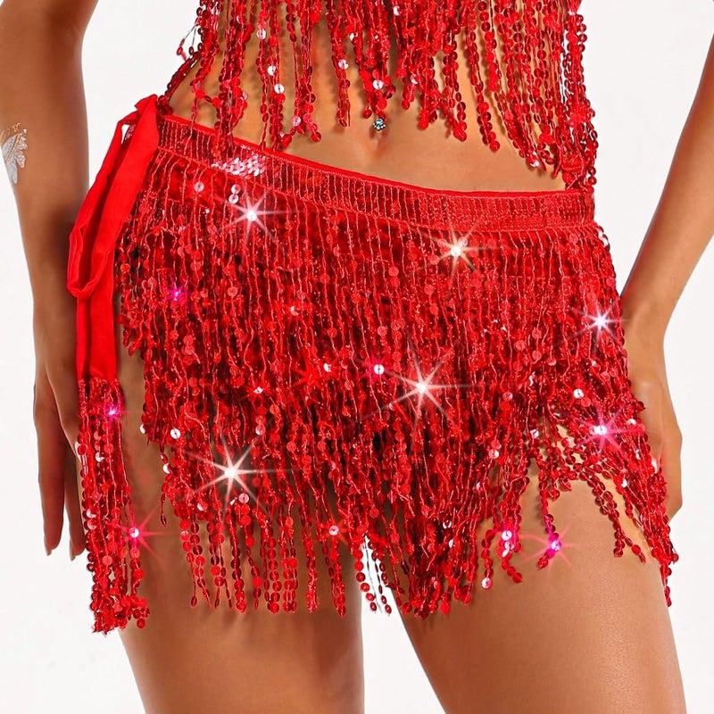 REETAN Fringe Sequin Skirt Belly Dance Sparkly Rave Skirts for Women - Image 3