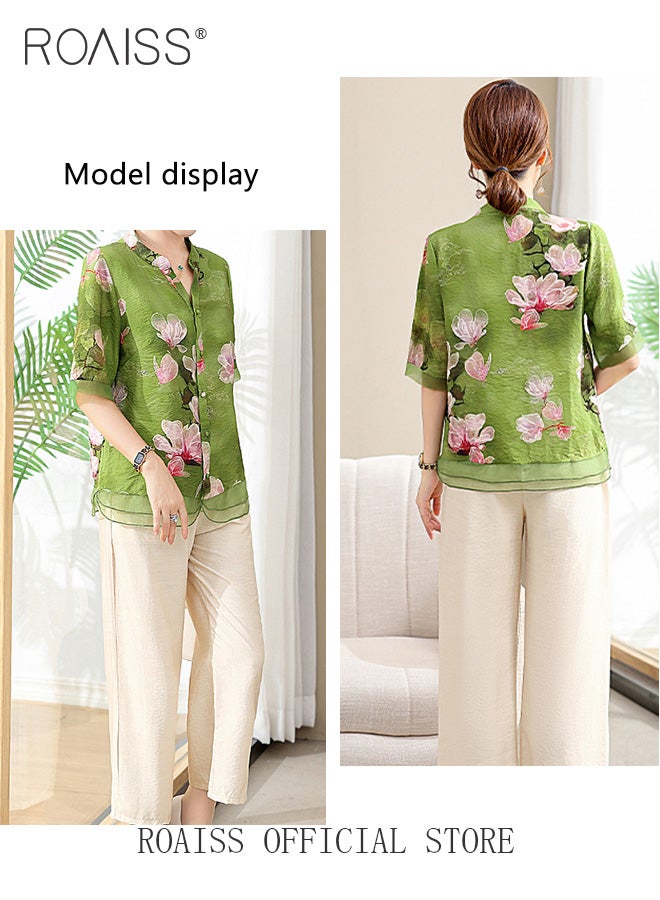 roaiss 2-Piece Women Casual Suit V Neck Design Mid Length Sleeve Shirt Fit Top Loose Straight Leg Pants Comfortable Fabric Printed Tops Solid Color Pants Elastic Waist Suitable for Daily Commuting Wear - Image 1