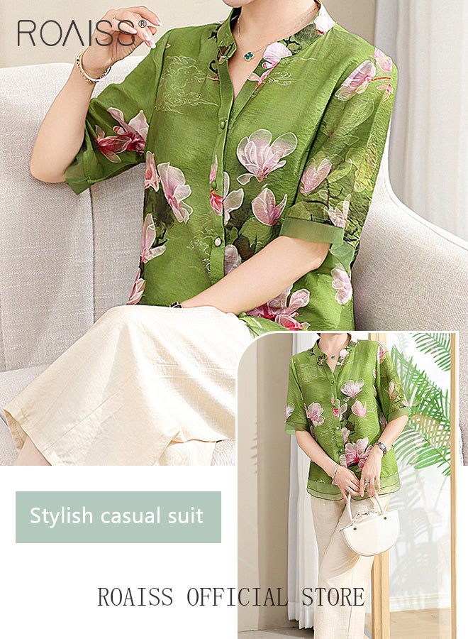 roaiss 2-Piece Women Casual Suit V Neck Design Mid Length Sleeve Shirt Fit Top Loose Straight Leg Pants Comfortable Fabric Printed Tops Solid Color Pants Elastic Waist Suitable for Daily Commuting Wear - Image 3