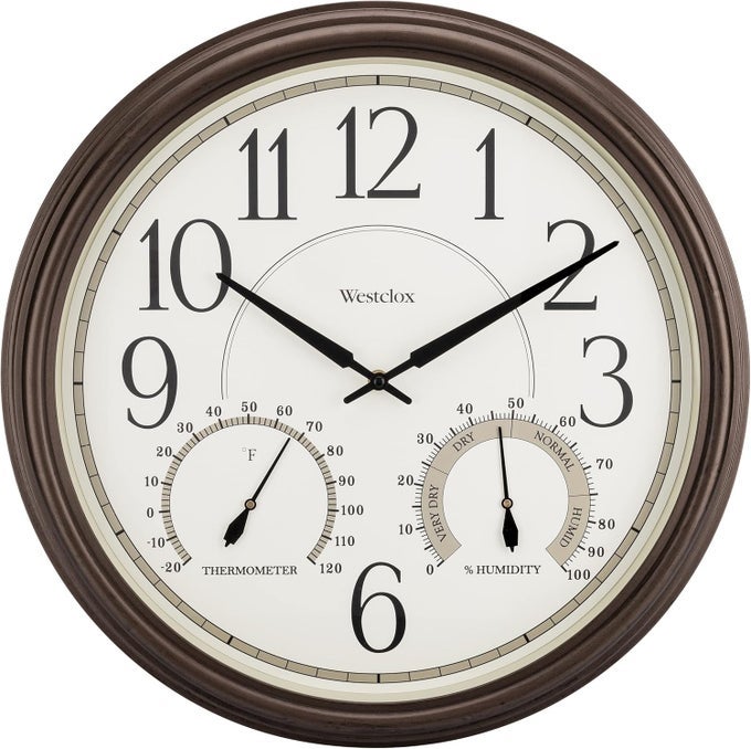 INDOOROUTDOOR WALL CLOCK WITH TEMPERATURE HUMIDITY GAUGES WEATHERRESISTANT QUARTZ ACCURACY BATTERYPOWERED BRONZE 20INCH