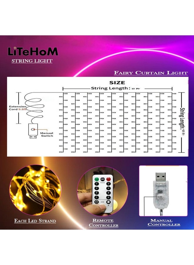 Litehom أضواء ستارة الجنية Litehom 300 LED بطول 3 أمتار مع جهاز تحكم عن بعد قابل للتعديل، ضوء LED يعمل عبر USB لتزيين المنزل، تزيين ديوالي، تزيين بالونات عيد الميلاد في غرفة النوم (متعدد الألوان) (أصفر-300) - Image 2