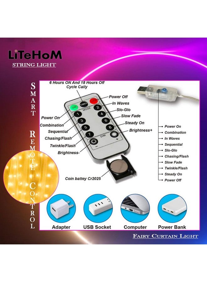 Litehom أضواء ستارة الجنية Litehom 300 LED بطول 3 أمتار مع جهاز تحكم عن بعد قابل للتعديل، ضوء LED يعمل عبر USB لتزيين المنزل، تزيين ديوالي، تزيين بالونات عيد الميلاد في غرفة النوم (متعدد الألوان) (أصفر-300) - Image 3