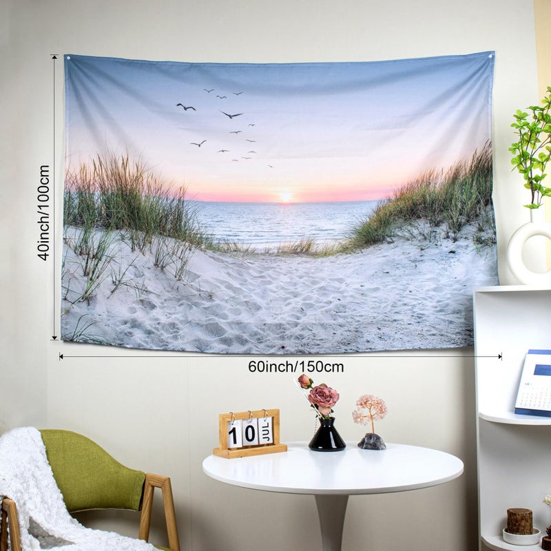 HVEST Ocean Beach Tapestry Wall Hanging, Sunset Seabird and Beach with Grass Wall Tapestry Natural Landscape Tapestries for Bedroom Living Room Dorm Decoration, 60x40 Inches - Image 3