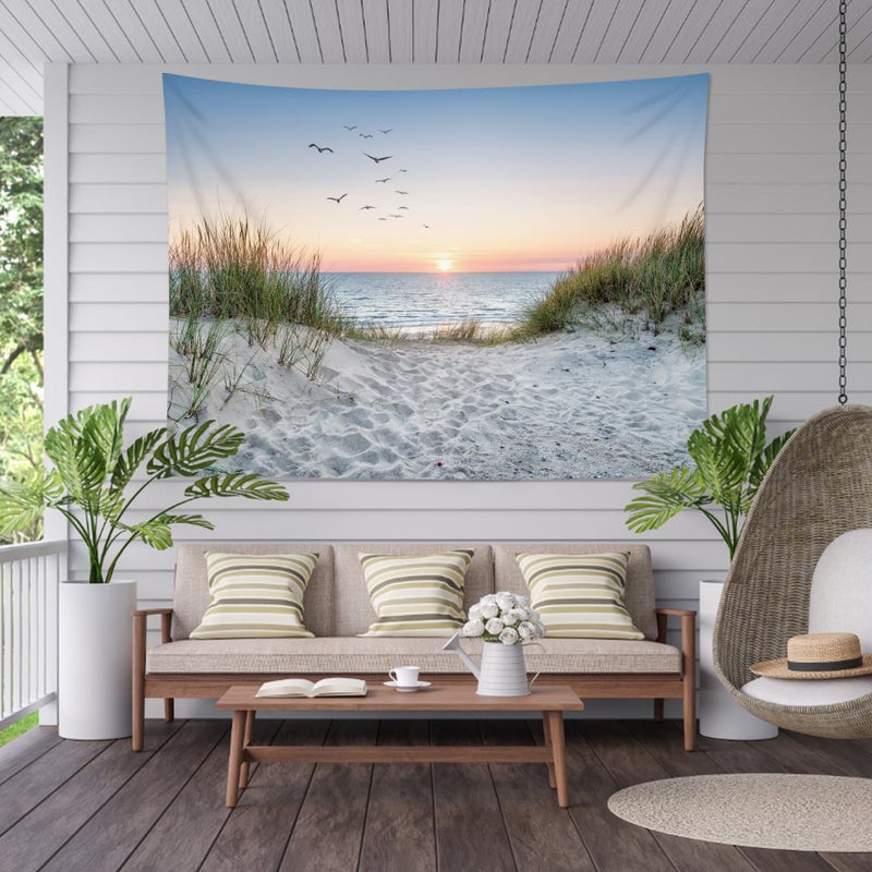 HVEST Ocean Beach Tapestry Wall Hanging, Sunset Seabird and Beach with Grass Wall Tapestry Natural Landscape Tapestries for Bedroom Living Room Dorm Decoration, 60x40 Inches - Image 2