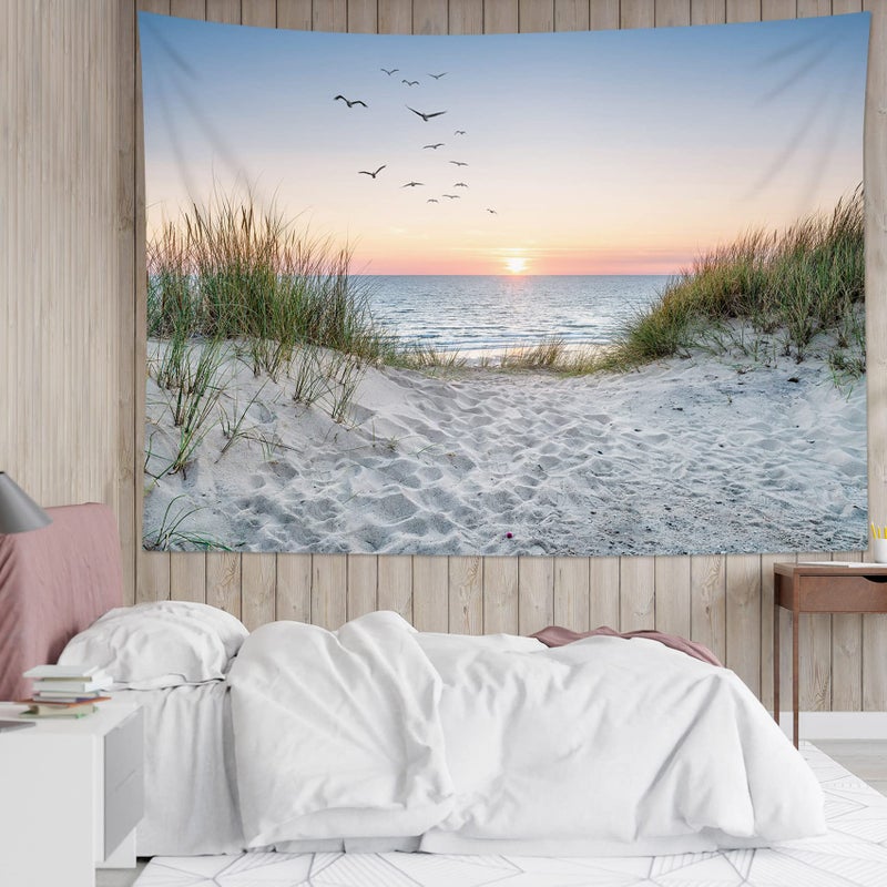 HVEST Ocean Beach Tapestry Wall Hanging, Sunset Seabird and Beach with Grass Wall Tapestry Natural Landscape Tapestries for Bedroom Living Room Dorm Decoration, 60x40 Inches - Image 1