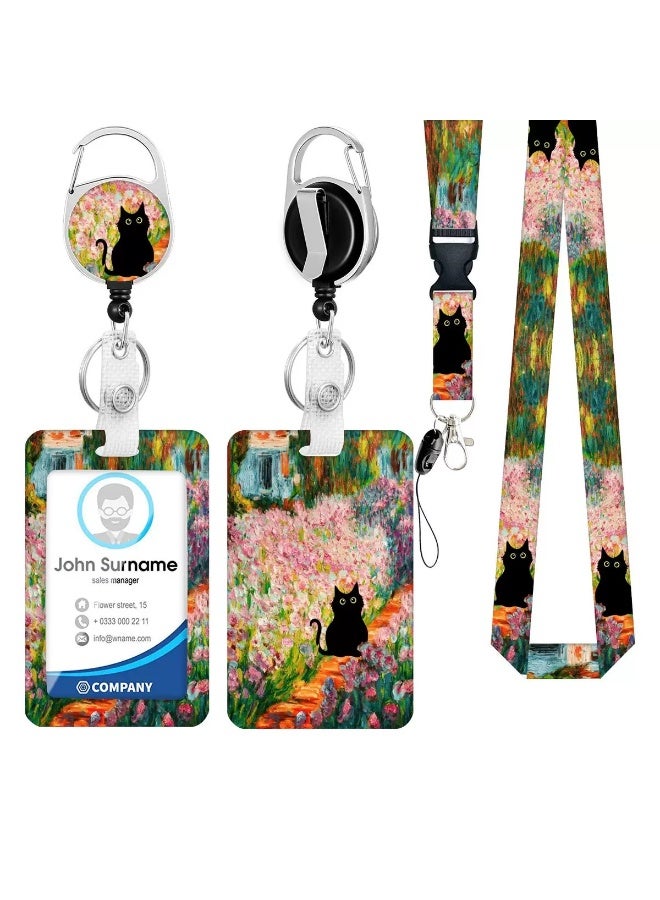 Lanyards for Id Badges, Knife Cat Badge Holder with Retractable, Funny Work Name Tags Lanyard ID Card Cover Case for Women Teacher Nurse Doctor Office（Black Cat）