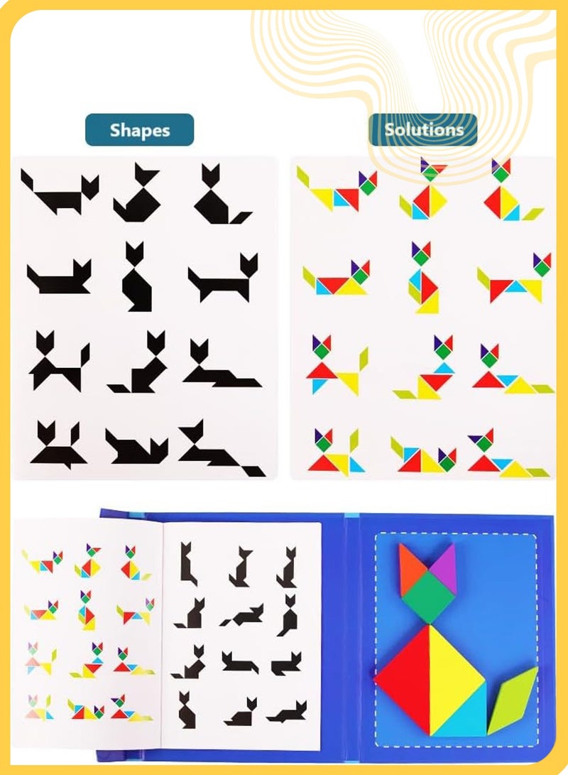 شي آند ليتل كتاب أحجية تانغرام خشبي مغناطيسي, لعبة سفر تعليمية من مونتيسوري للأطفال بعمر 3-8 سنوات, نشاط ذكاء قابل للحمل للطائرة والسيارة والهواء الطلق (أزرق) - Image 4