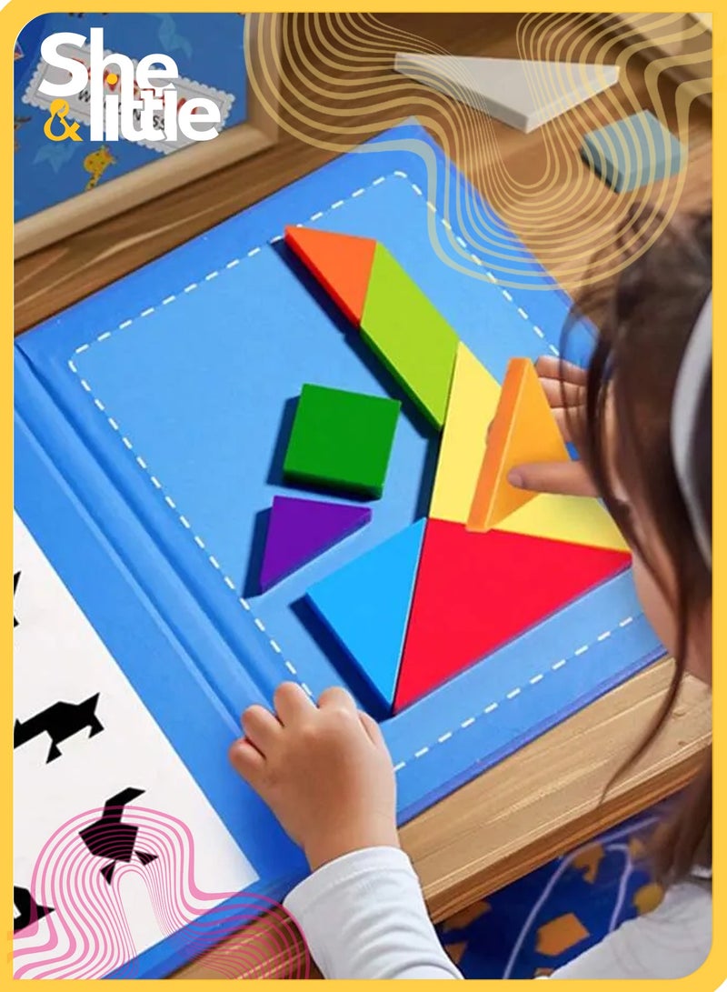 شي آند ليتل كتاب أحجية تانغرام خشبي مغناطيسي, لعبة سفر تعليمية من مونتيسوري للأطفال بعمر 3-8 سنوات, نشاط ذكاء قابل للحمل للطائرة والسيارة والهواء الطلق (أزرق) - Image 2