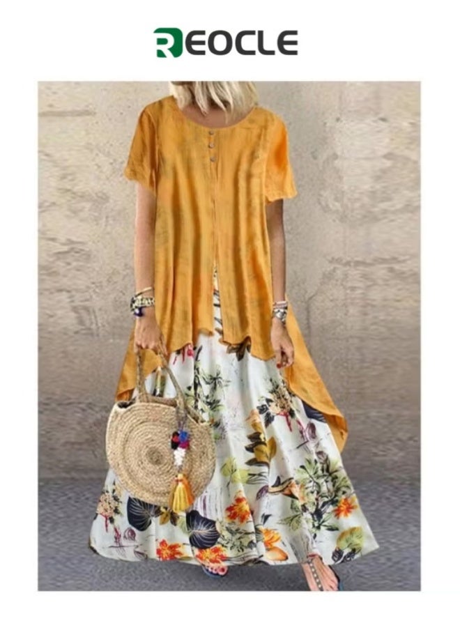 ريوكل فستان نسائي من الكتان مكون من قطعتين، فستان صيفي ماكسي فضفاض بدون أكمام، فستان فضفاض بأكمام قصيرة، فساتين زهرية - Image 1