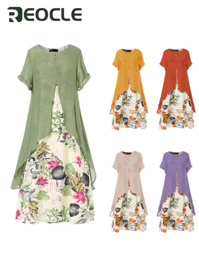ريوكل فستان نسائي من الكتان مكون من قطعتين، فستان صيفي ماكسي فضفاض بدون أكمام، فستان فضفاض بأكمام قصيرة، فساتين زهرية - Image 5