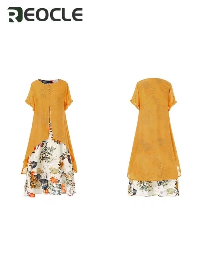 ريوكل فستان نسائي من الكتان مكون من قطعتين، فستان صيفي ماكسي فضفاض بدون أكمام، فستان فضفاض بأكمام قصيرة، فساتين زهرية - Image 2