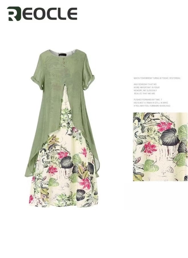 ريوكل فستان نسائي من الكتان مكون من قطعتين، فستان صيفي ماكسي فضفاض بدون أكمام، فستان فضفاض بأكمام قصيرة، فساتين زهرية - Image 3