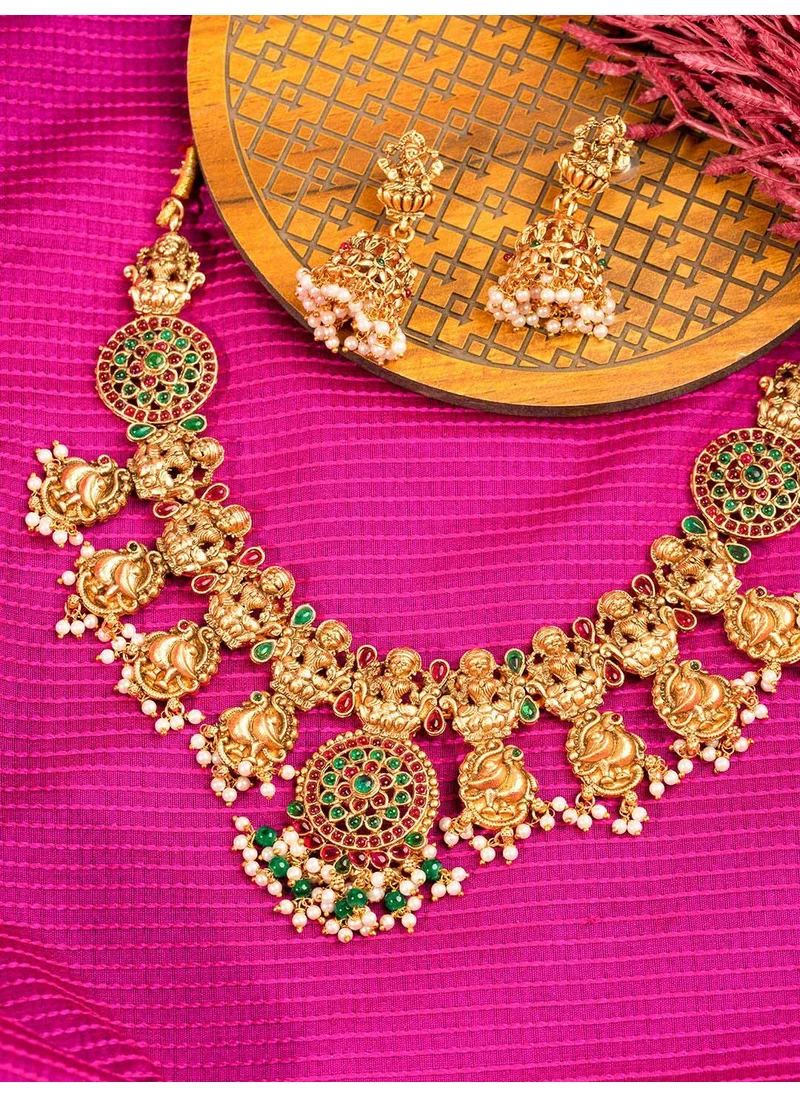 برياسي Stone Studded  Pearl Beaded Goddess Lakshmi Temple Jewellery Set